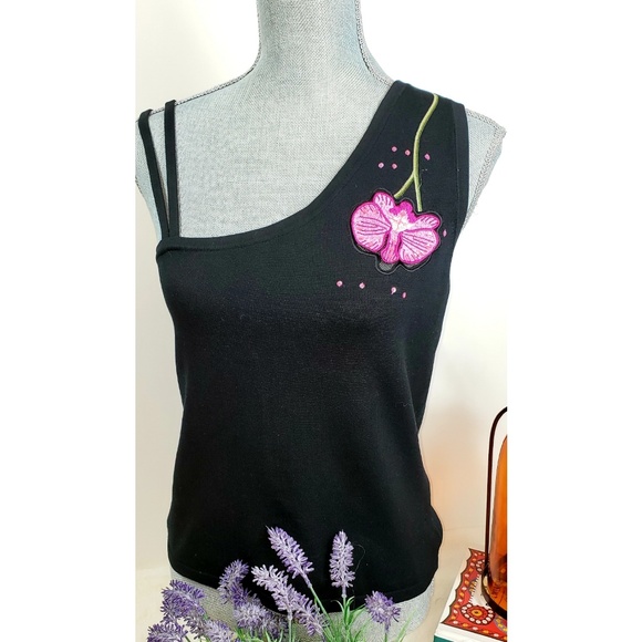 Cache Tops - Cache Blk One-shoulder Silk Floral Sleeveless Top Cache Tops - Cache Blk One-shoulder Silk Floral Sleeveless Top